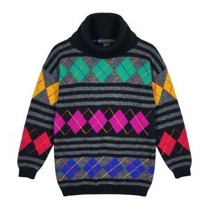 Vtg 90s IB Diffusion Wool Angora Sweater Neon Colorful Argyle Oversized Small